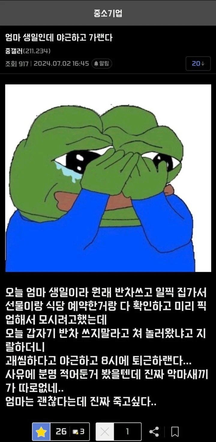 엄마 생일날 야근시켜 울어버린 사람....jpg