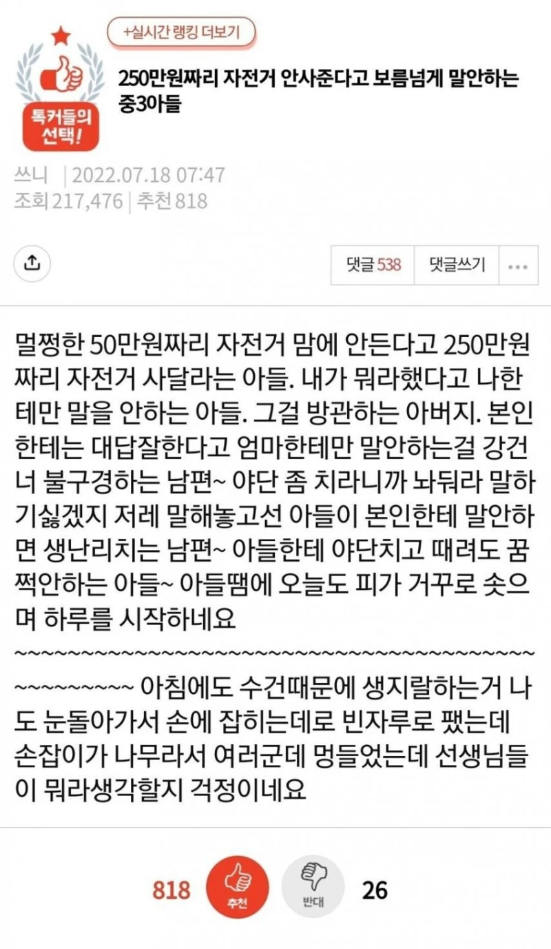 250만원짜리 자전거 안사준다고 보름 넘게 말 안하는 아들.jpg