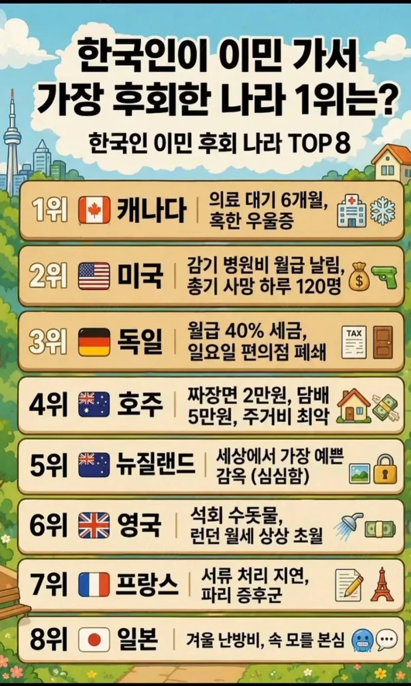 한국인 이민 후회 나라 Top8