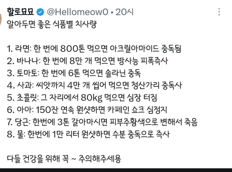 알아두면 좋을 식품별 치사량