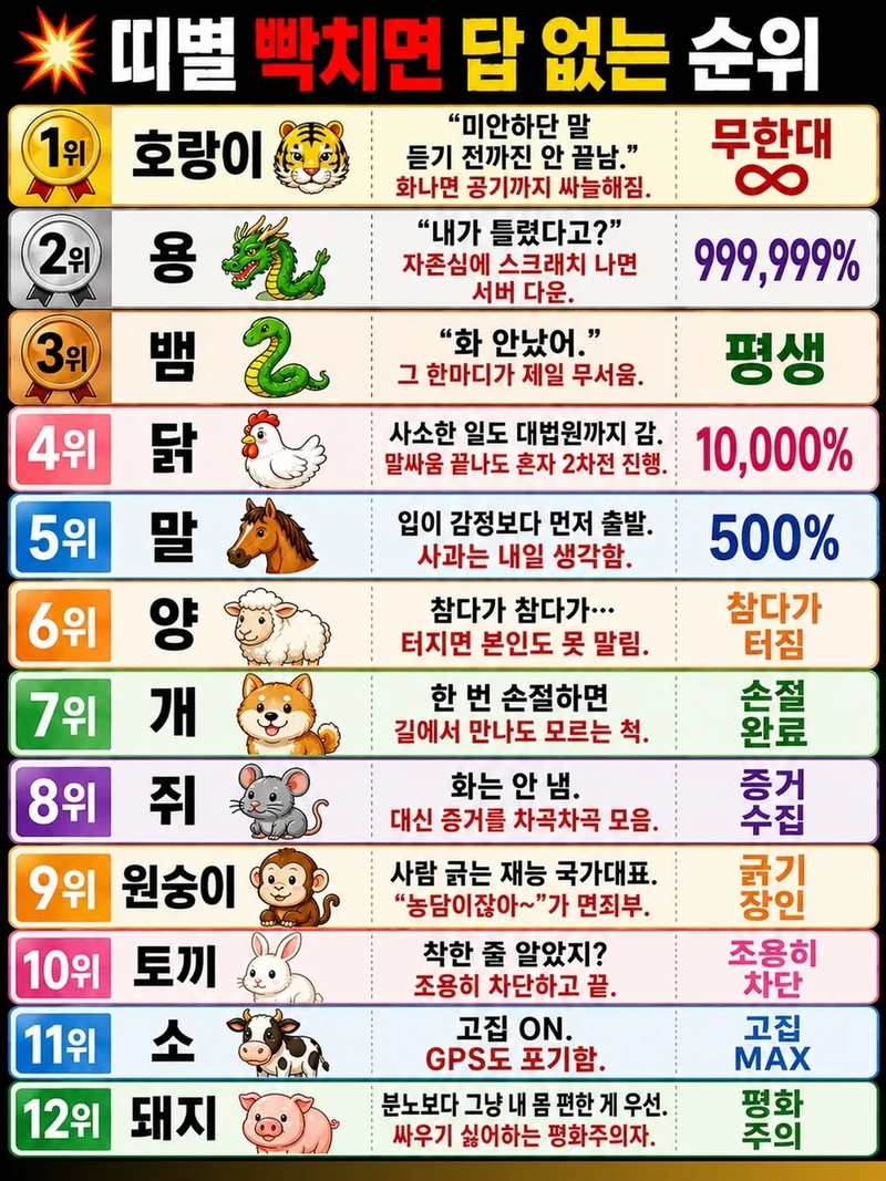 띠별 빡치면 답없는 순위
