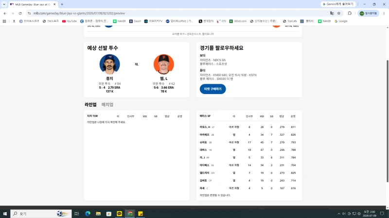 MLB 토론토 vs 샌프 투수