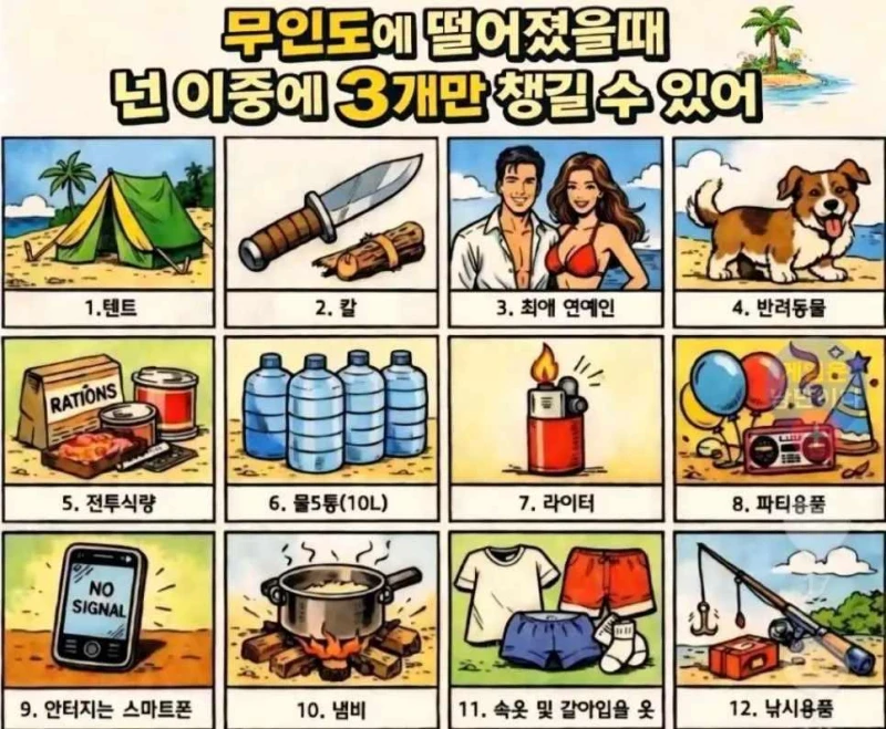 무인도에서 3개만 챙길수 있다면 당신의 선택은