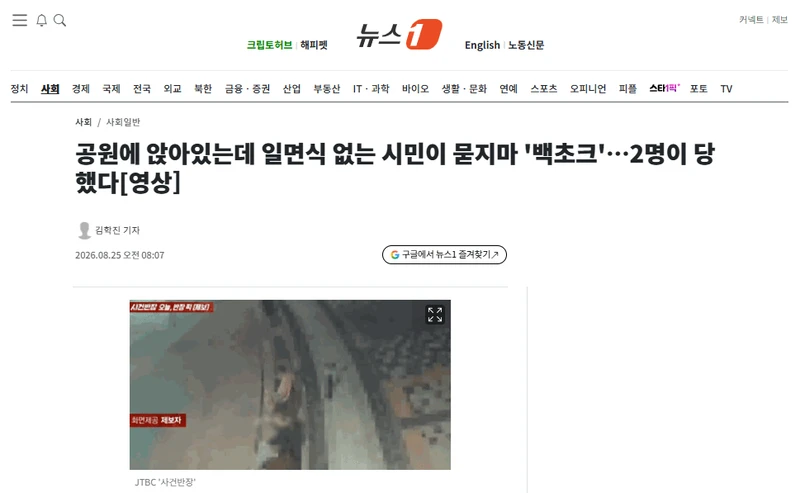 공원에 앉아있는데 일면식 없는 시민이 묻지마 '백초크'…2명이 당했다