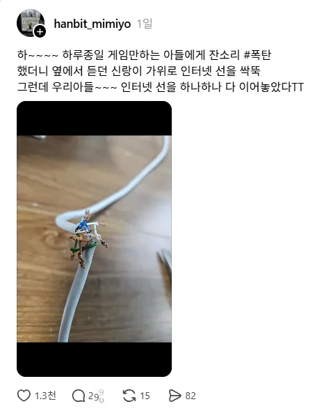 아들이 겜만하길래 인터넷선을 짤라버렸는데..