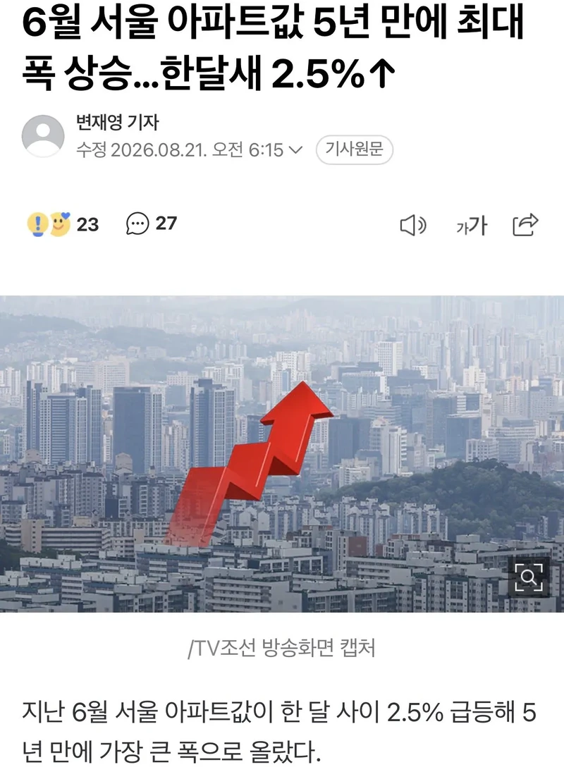 6월 서울 아파트값 5년 만에 최대폭 상승