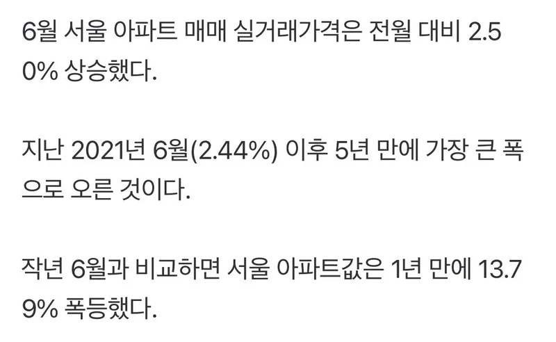 6월 서울 아파트값 5년 만에 최대폭 상승-2