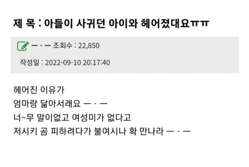 아들이 여친과 헤어진 이유에 화난 엄마