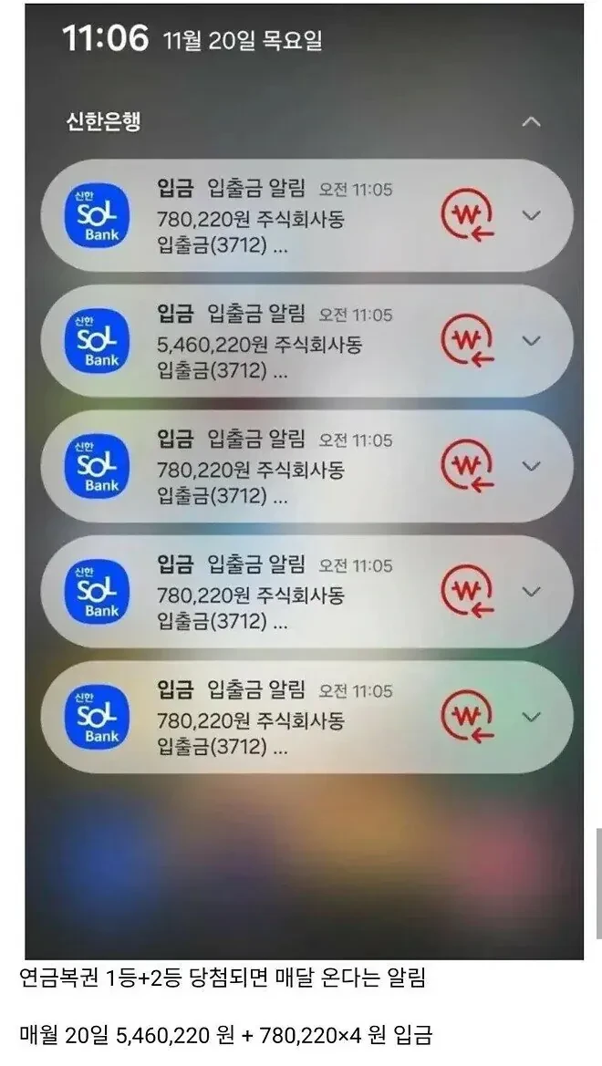 연금복권 당첨자가 매달 받는다는 알림.....
