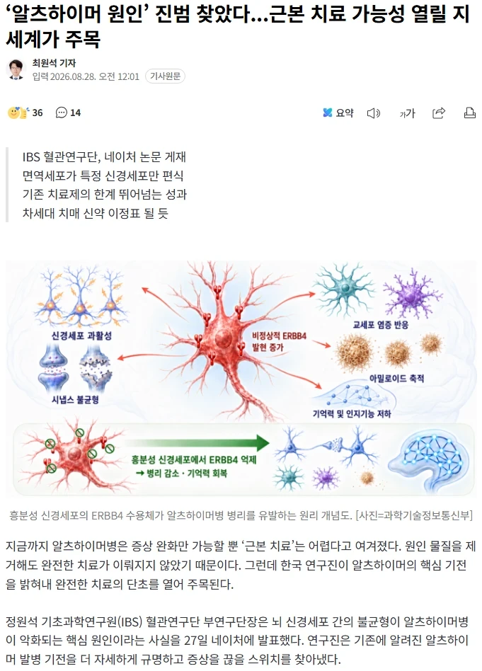 알츠하이머 근본 치료길 열렸다