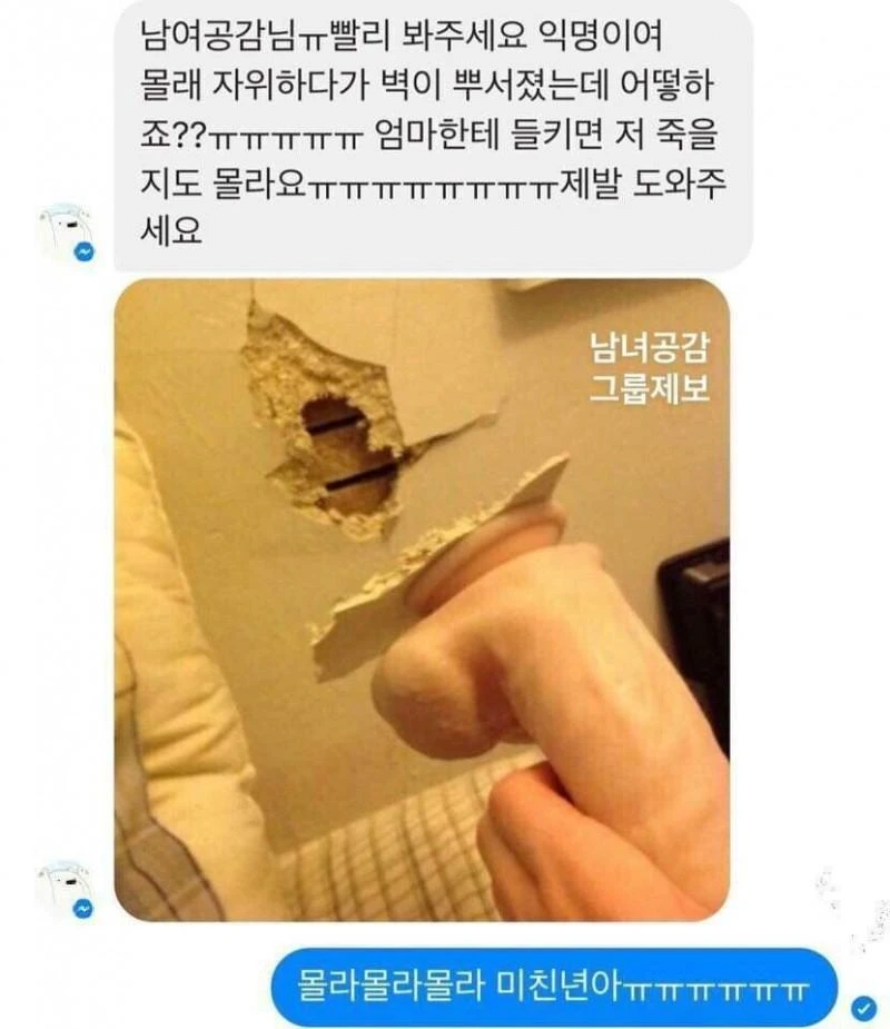 몰래 자위하다가 벽 부숴짐..