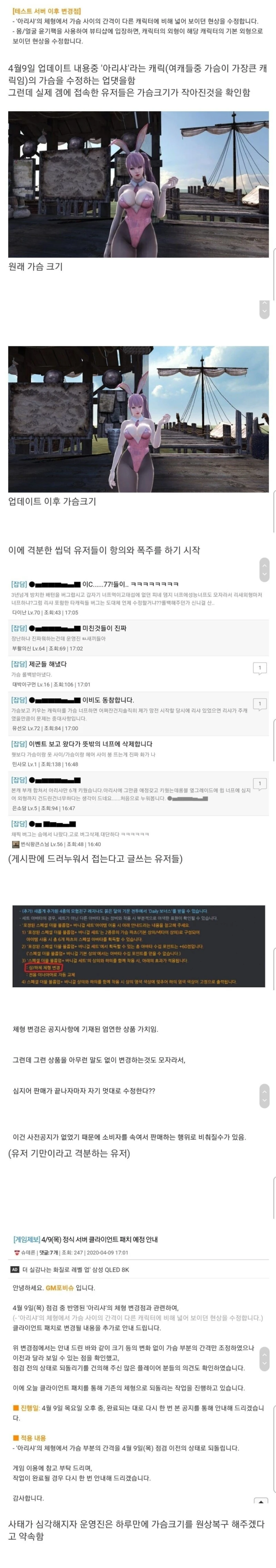 게임 캐릭터 가슴 크기 줄여서 유저 폭동났던 사건
