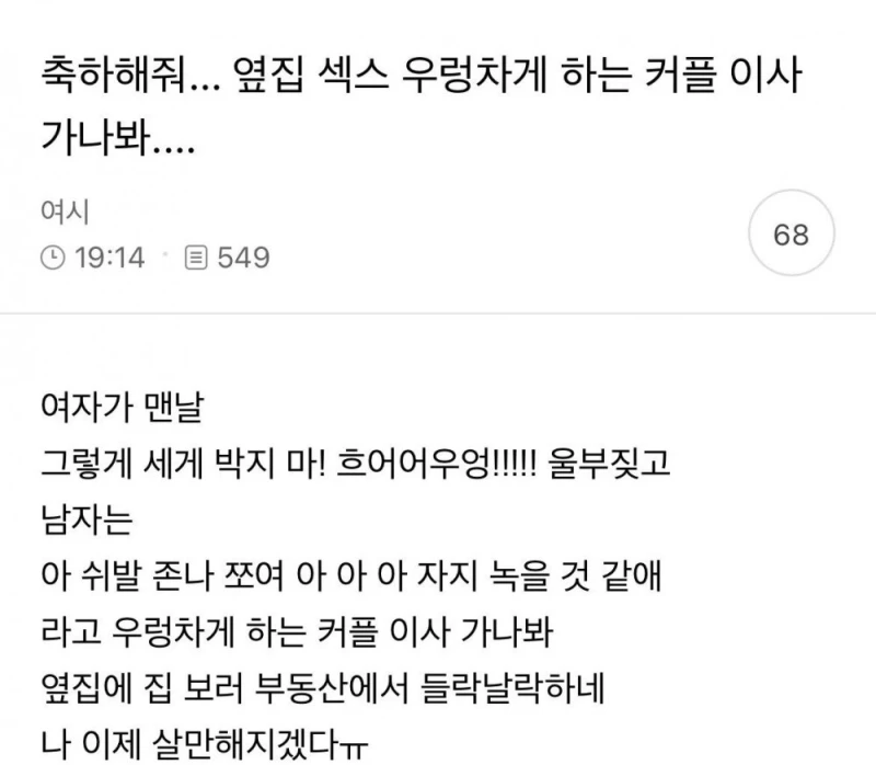 벽간소음으로 고생하는 여시 