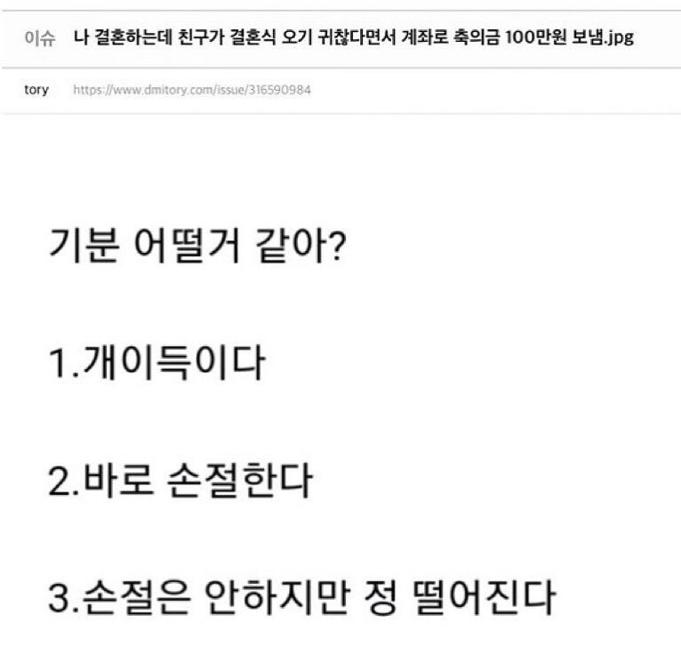 내 결혼식에 친구가 가기 귀찮다면서 축의금만 보냄