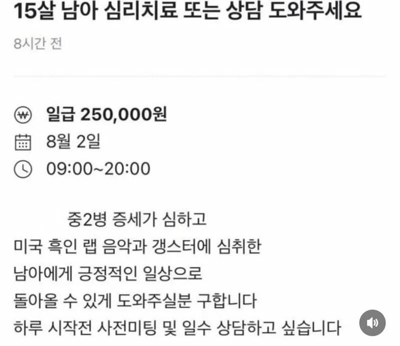 당근 알바 15세 남아 심리치료 일급 25만원
