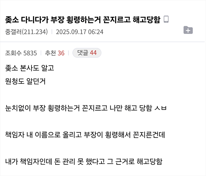 부장 횡령하는거 꼰지르고 해고당함