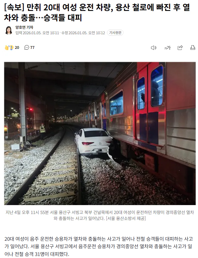 20대 여성 차량, 철로에 빠진 후 열차와 충돌