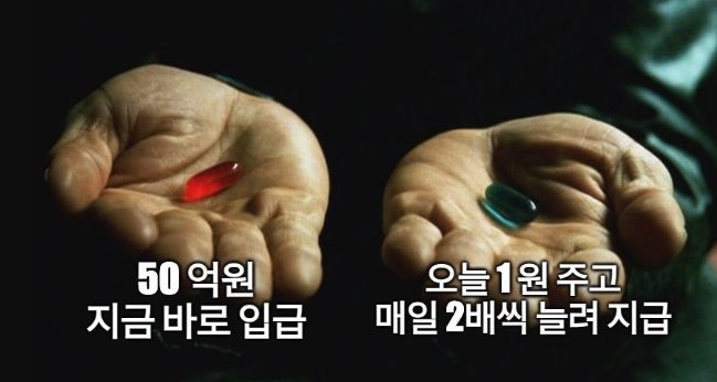 50억 바로 지급 vs 오늘 1원 주고 매일 2배씩 늘려 지급