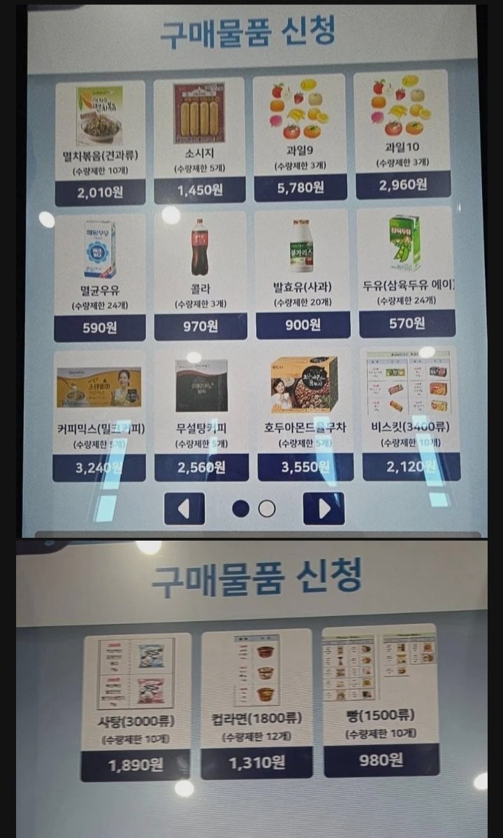감방에서 구매할수 있는 물품