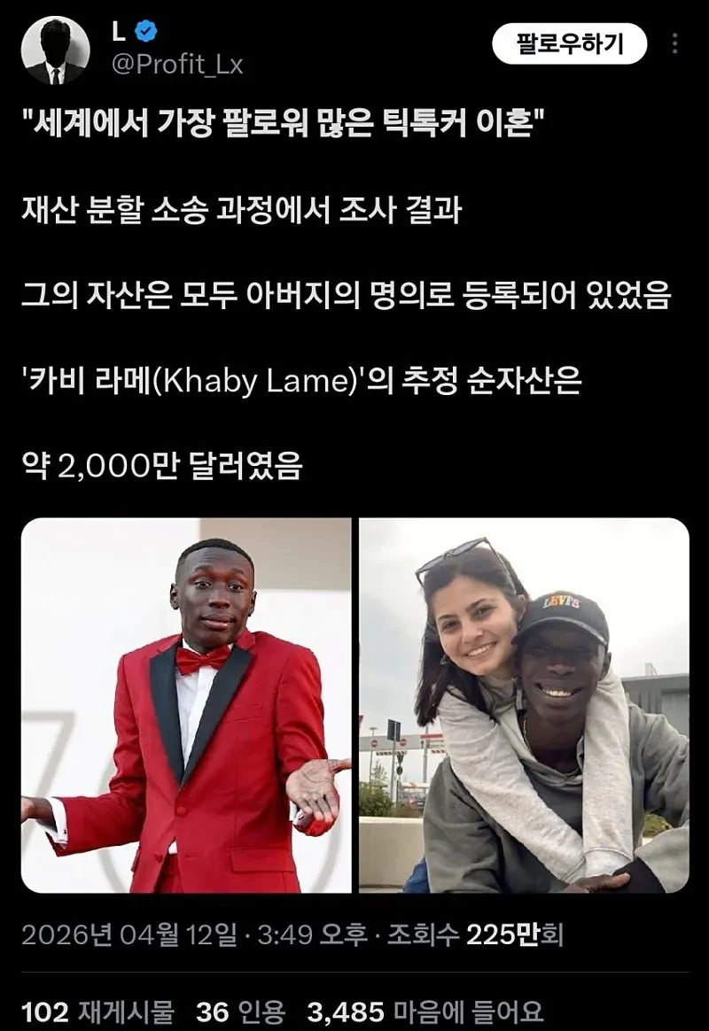틱톡커 한심좌 이혼 후 재산분할