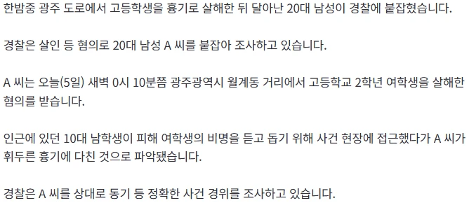 광주서 길 가던 고등학생 살해...20대 남성 용의자 검거 -2