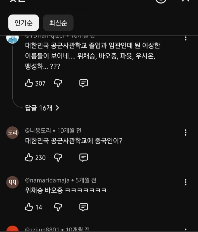 공군 장교 이름만 보고 중공군이라고 비하하는 유튜브 댓글-2