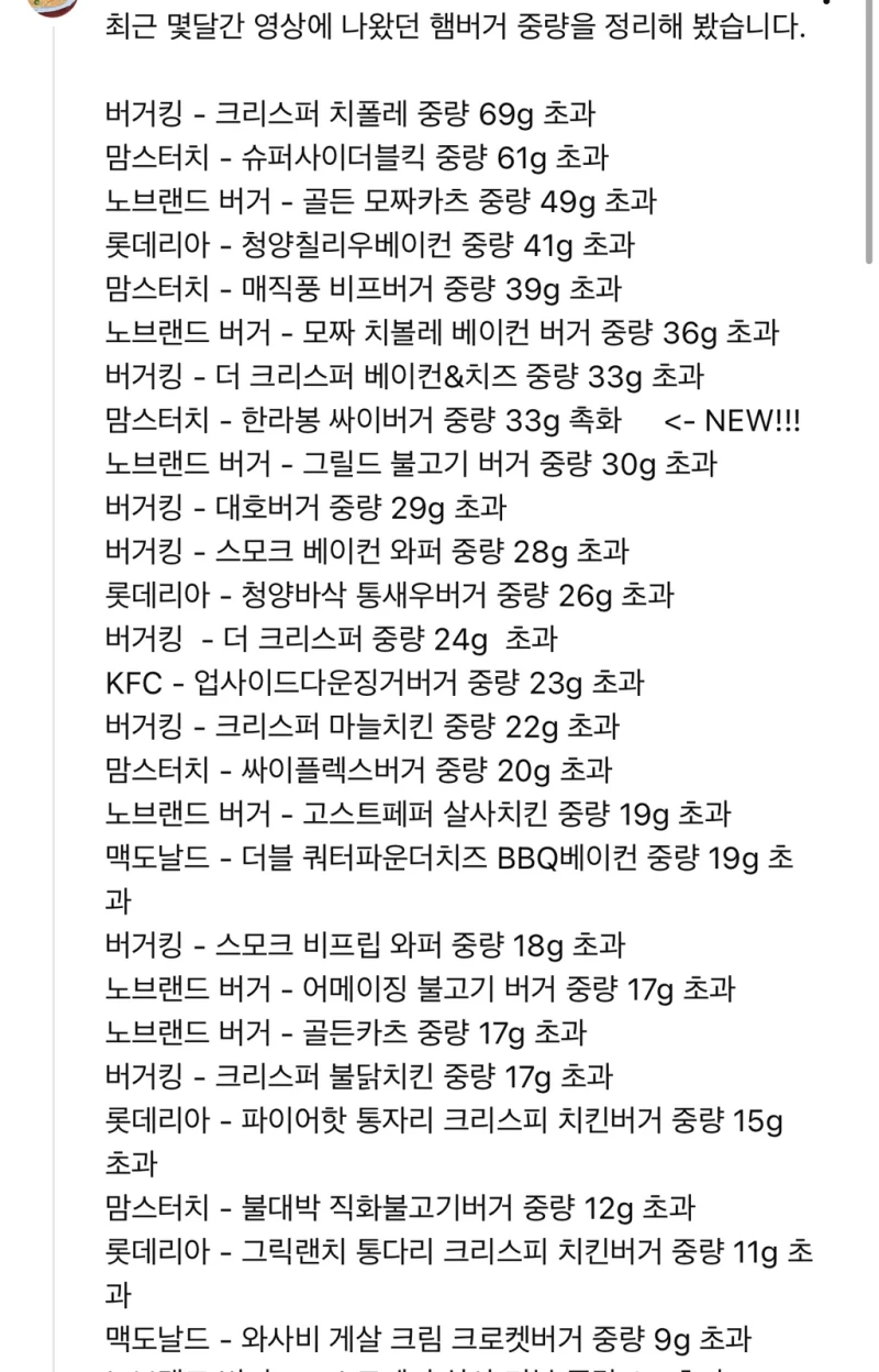 음식리뷰 유튜브 시청자가 정리한 중량미달 햄버거 프차