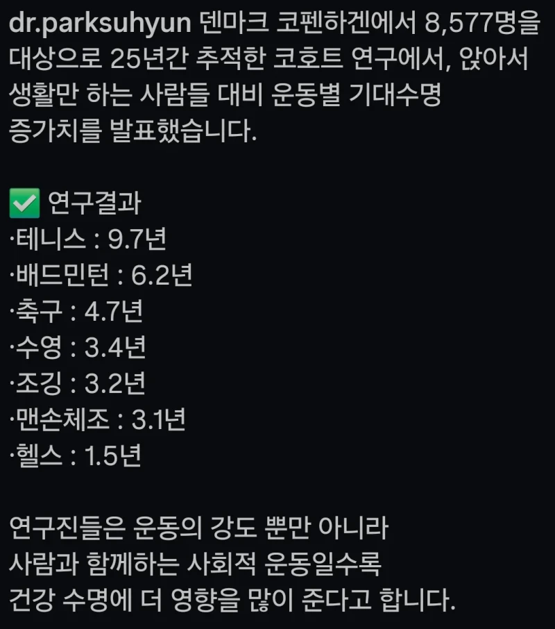 어떤 운동을 해야 수명이 느는가에 대한 연구 결과