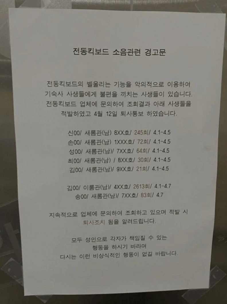 어느 대학교 기숙사 강제퇴거 사유 ㄷㄷ