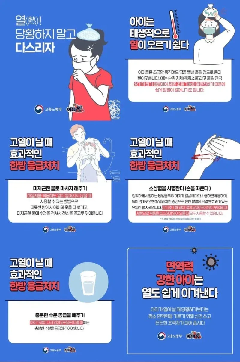 고용노동부 피셜 '아이가 열이날때 응급대처법'
