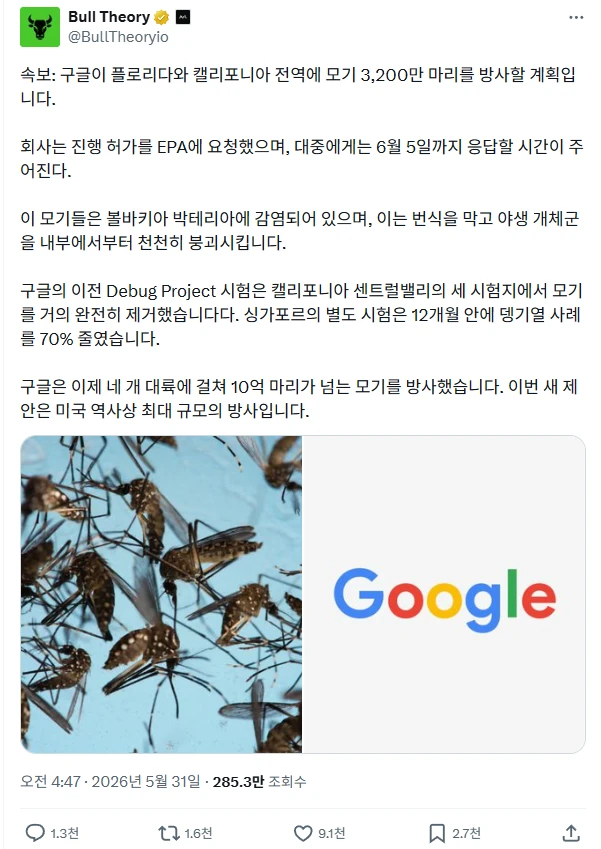구글, 미국에 모기 3,200만 마리 풀겠다고 허가 신청함 ㄷㄷ
