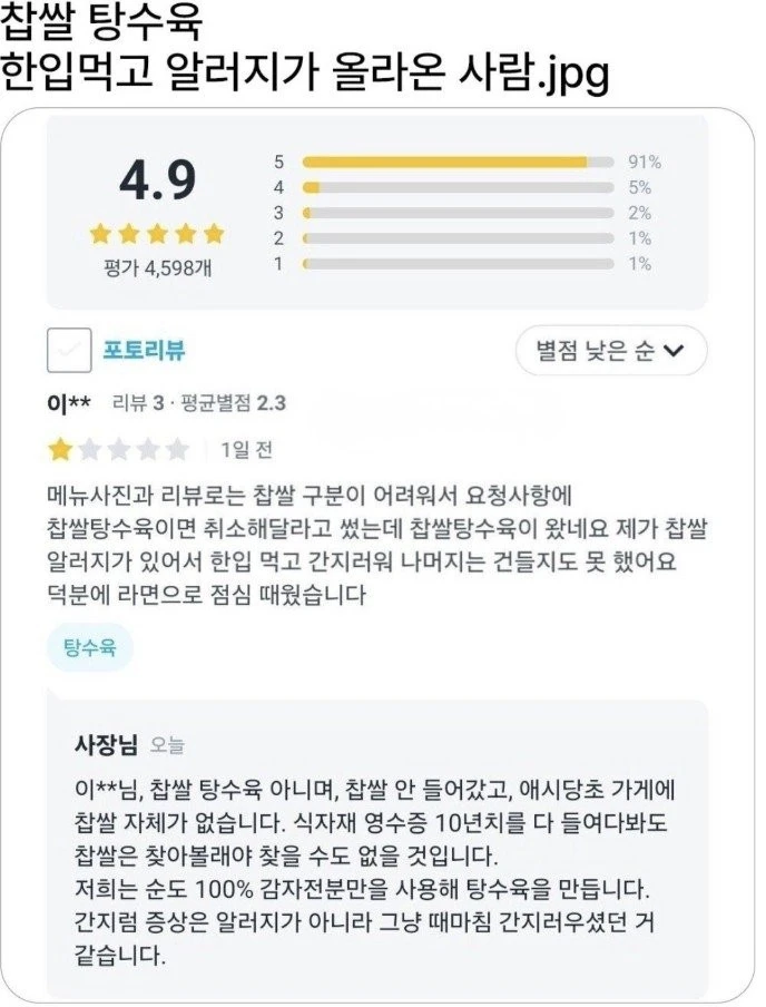 찹쌀탕수육을 먹고 알러지가 올라왔다는 사람
