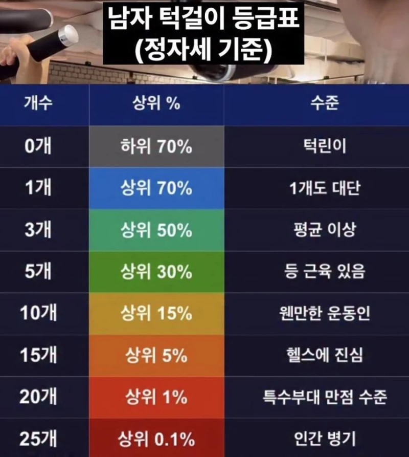 정자세 기준 남성 턱걸이 등급표