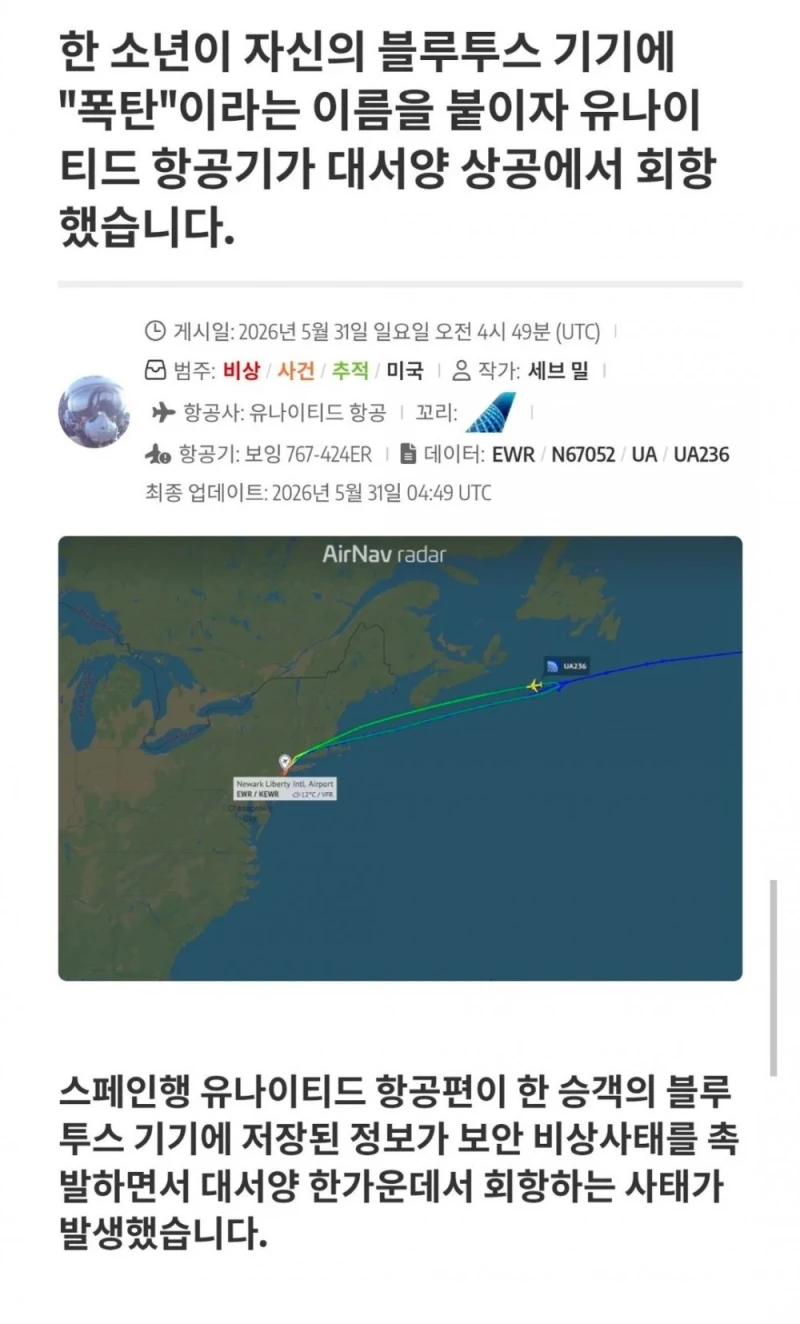 10대 꼬마의 장난 때문에 비행기가 회항한 사건 