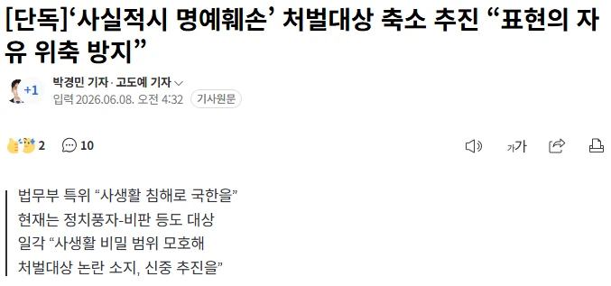 ‘사실적시 명예훼손’ 처벌대상 축소 추진