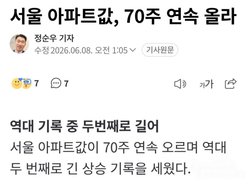 서울 집값 70주 연속 급등, 역대 두번째 기록