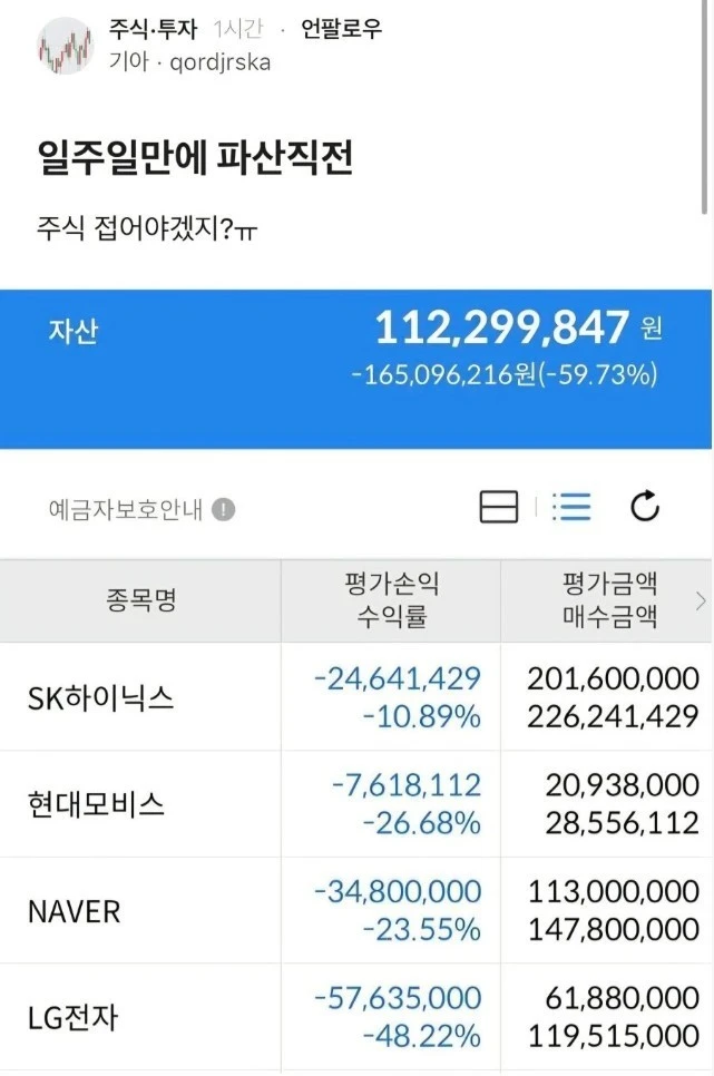 주식 시작 일주일만에 파산직전