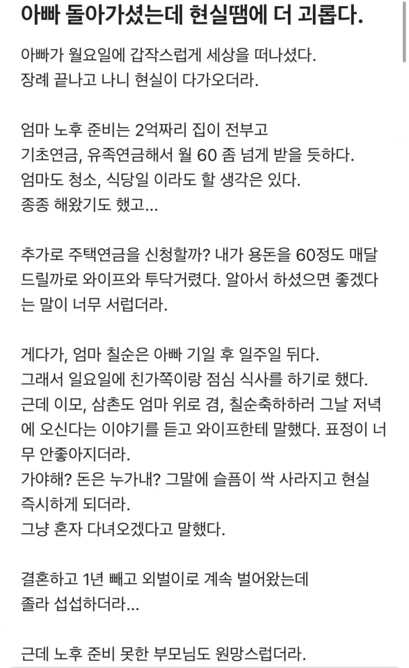 아빠 돌아가셨는데 현실 때문에 더 괴롭다