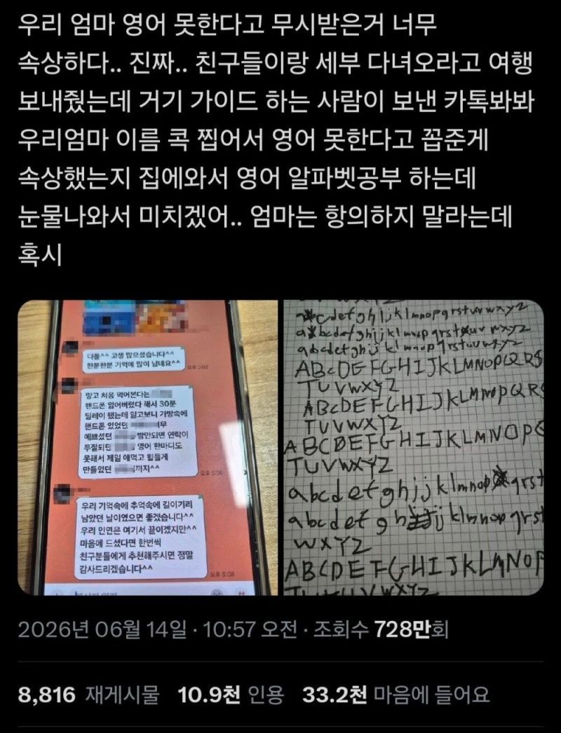 영어 못한다고 여행 가이드에게 꼽먹은 엄마