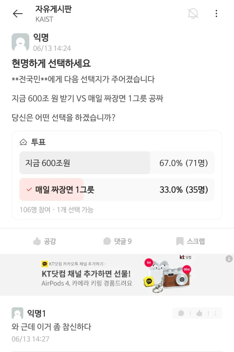 600조원 받기 vs 매일 짜장면 1그릇 공짜