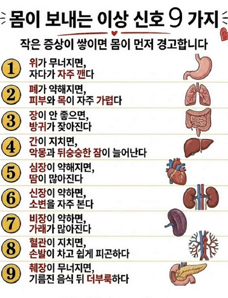 우리 몸이 보내는 이상 신호 9가지 .....