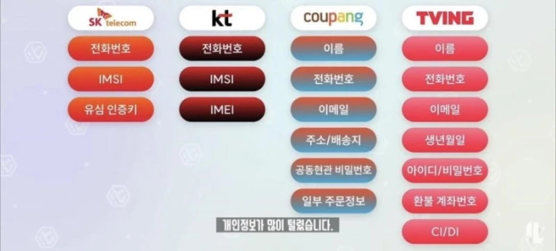 기업별 유출된 개인정보 요약