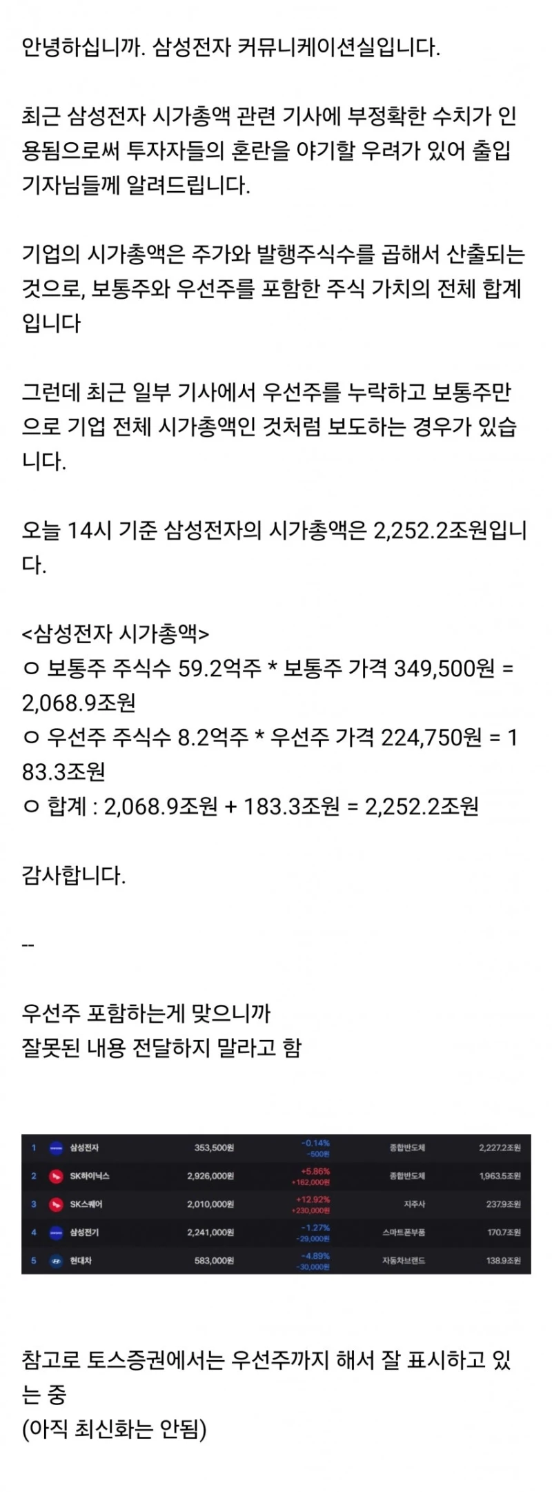 시총 1위 뺏겨서 개빡친 삼성전자