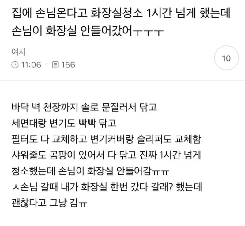 집에 손님 온다고 화장실 청소 1시간 넘게했는데 안들어감