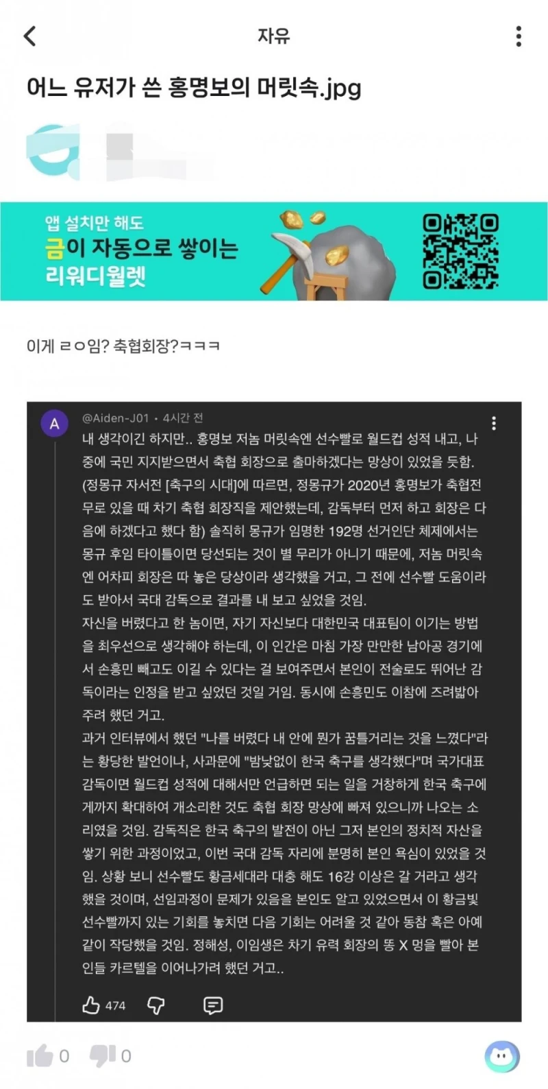 어느 유저가 쓴 홍명보의 머릿속