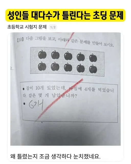 성인들 대다수가 틀린다는 초딩 문제