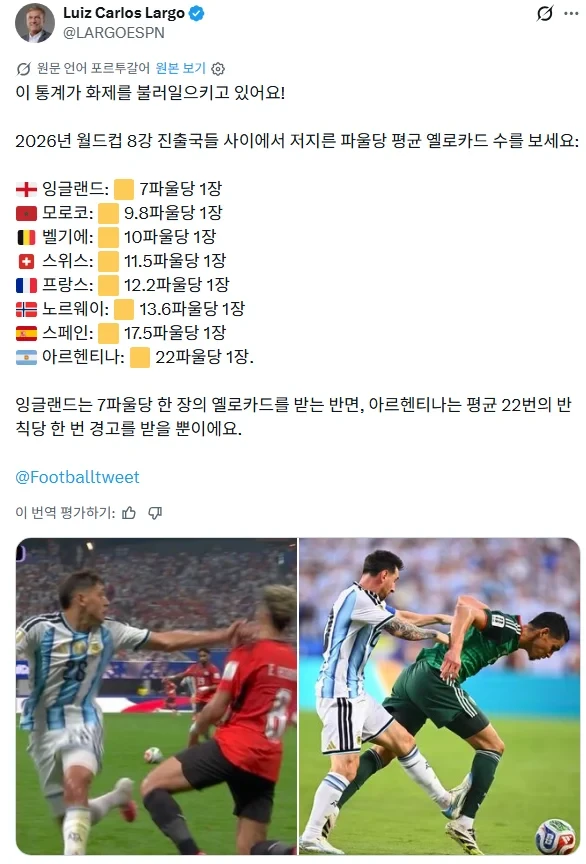 아르헨티나는 파울 22개당 경고 1장이다