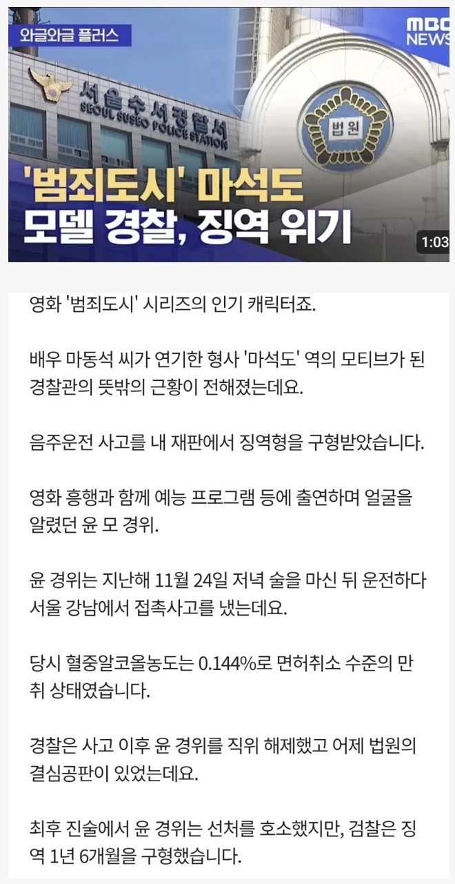 ‘범죄도시’ 마석도 모델 경찰, 징역 위기