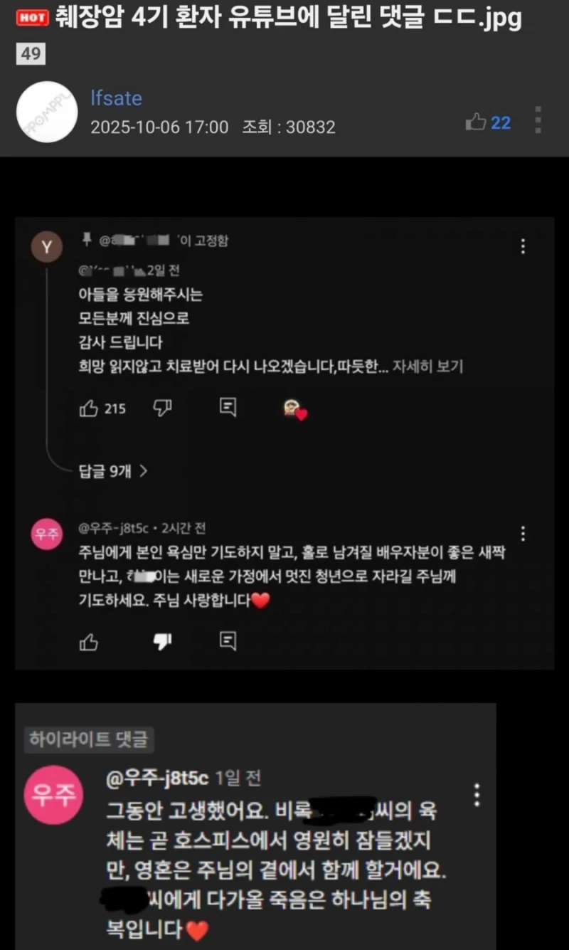 췌장암 4기 환자 유튜브에 달린 댓글