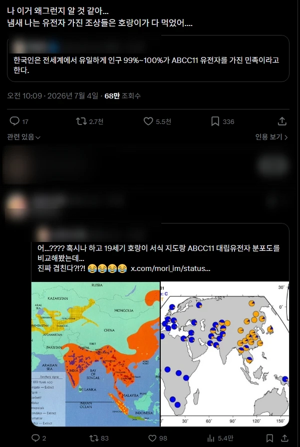 한국인은 전세계에서 유일하게 인구 99%~100%가 ABCC11 유전자를가진민족이